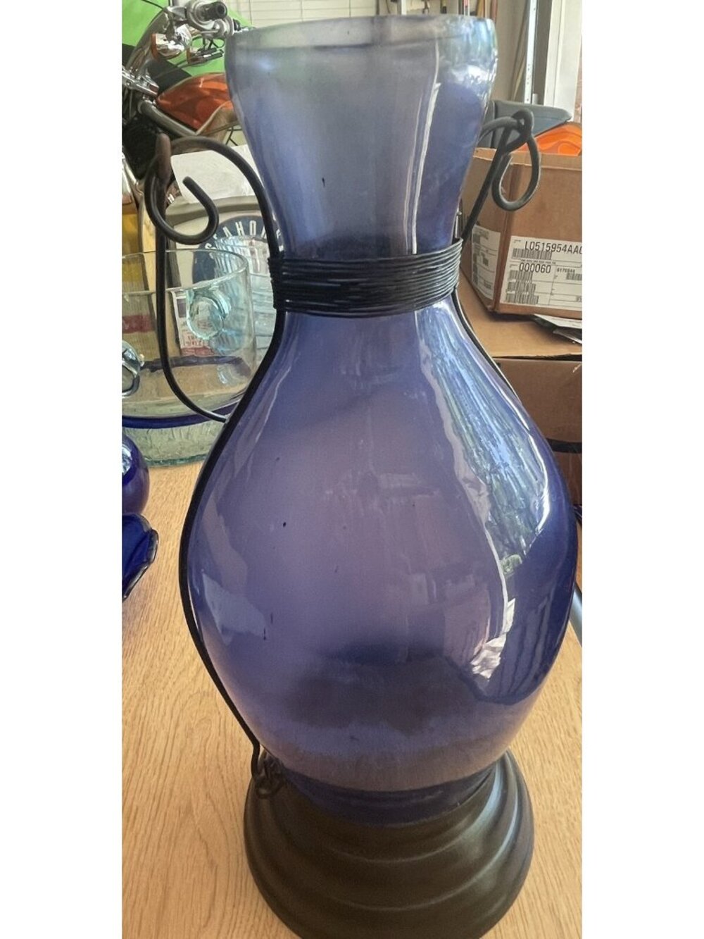 Transparent Blue Glass Bottle Tea Light Candle  Lantern Base to sit or Hang
